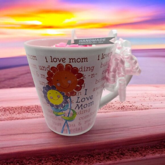 I Love Mom ✦ Ceramic Mug Candle ✦ Pink Rose Wax w/ Affirmation Wrap Handmade NWT - Picture 2 of 9